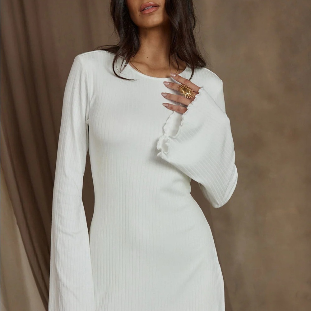 Tate white rib mini long sleeve dress